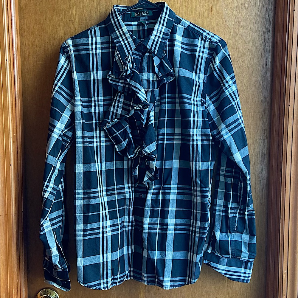 Lauren Ralph Lauren Plaid Collared Shirt with Ruffles size L